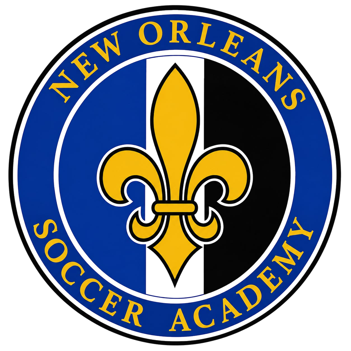 New Orleans Soccer Academy crest — a gold fleur-de-lis on a blue, white and black field